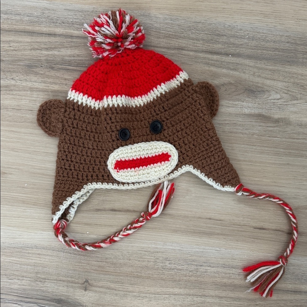 Brown and Red Sock Monkey Knit Hat